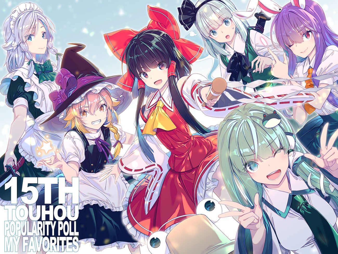 animal animal ears apron aqua eyes black hair blonde hair bow braids brown eyes bunny ears bunnygirl dress gray eyes gray hair green hair group hakurei reimu hat headdress izayoi sakuya japanese clothes kirisame marisa knife kochiya sanae konpaku youmu long hair maid miko moriya suwako myon red eyes reisen udongein inaba ribbons short hair skirt snake sword tie touhou twintails weapon wink witch witch hat yellow eyes zounose