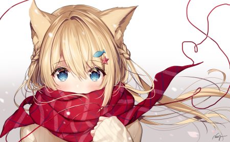 animal ears aqua eyes blonde hair blush braids catgirl close gradient long hair necomi original scarf signed waifu2x