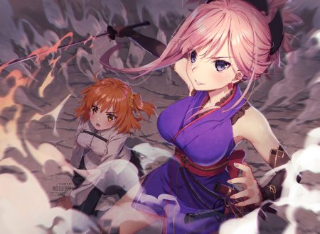 2girls blush breasts fate (series) fate/stay night fujimaru ritsuka (female) japanese clothes miyamoto musashi (fate/grand order) orange eyes orange hair pantyhose pink eyes ponytail purple hair rosuuri skirt sword thighhighs watermark weapon