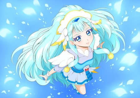 aqua eyes aqua hair blue dress headdress hugtto precure long hair petals precure tagme (artist) wristwear yakushiji saaya