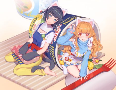 2girls animal ears apron aqua eyes black hair blush catgirl cat smile dress fiodo food headband long hair orange eyes orange hair original short hair tail