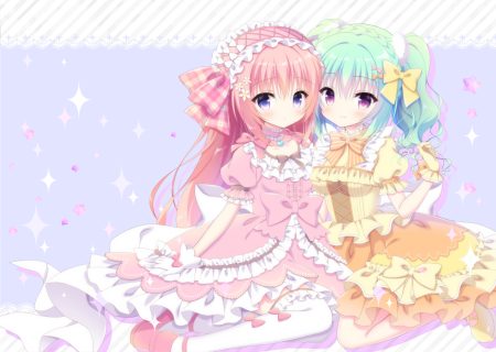 2girls aliasing aqua hair bow dress gloves headdress kamishiro piyo lolita fashion long hair original pink hair thighhighs twintails