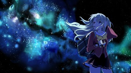 blue eyes bow camera charlotte food gray hair long hair pocky school uniform skirt sky stars tomori nao yuuri (asterisk)