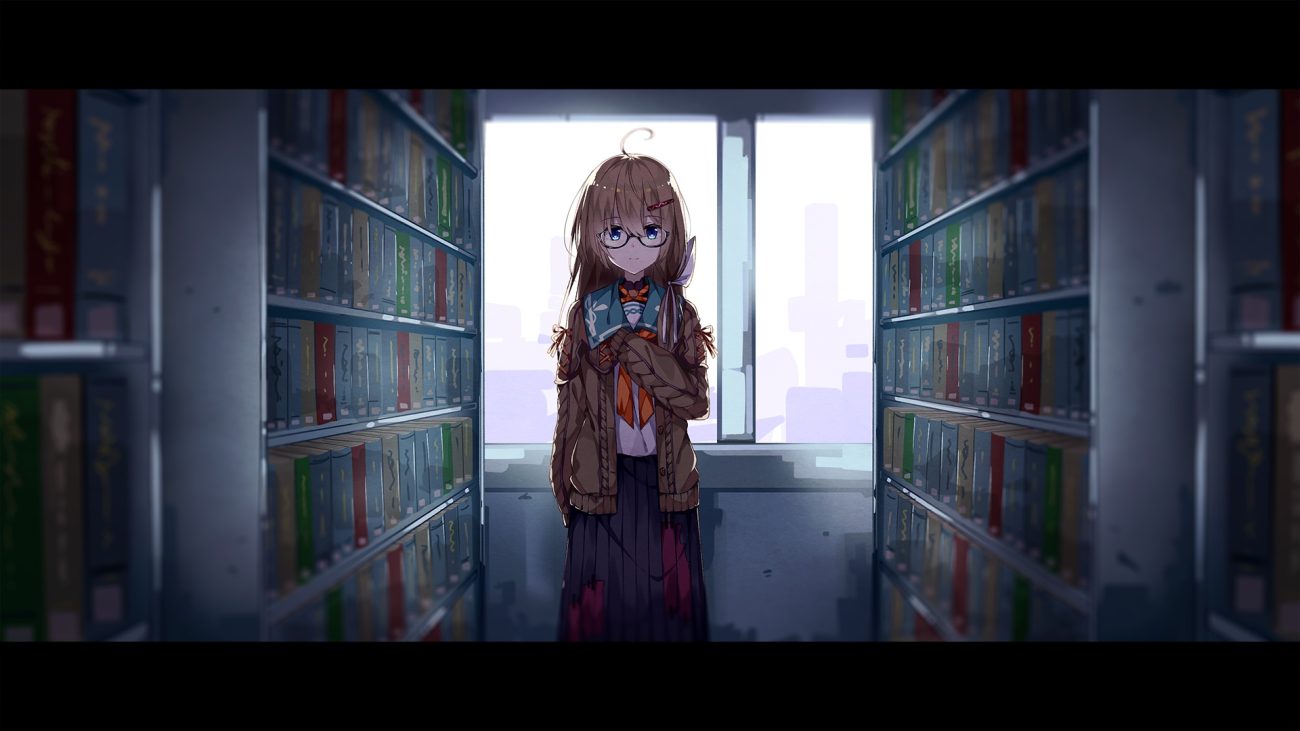 aqua eyes book brown hair glasses long hair original school uniform skirt taiyaki (artist)
