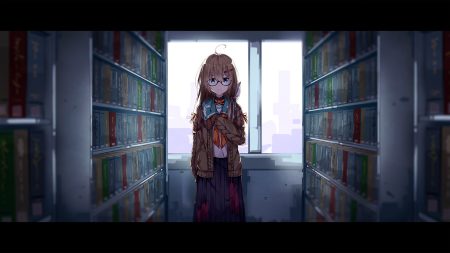 aqua eyes book brown hair glasses long hair original school uniform skirt taiyaki (artist)