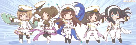 aiba yumi aqua eyes black eyes black hair boots brown eyes brown hair cape group hat headband idolmaster idolmaster cinderella girls long hair military mitarashi neko nitta minami ponytail sagisawa fumika short hair skirt tachibana arisu takamori aiko thighhighs torn clothes uniform yellow eyes