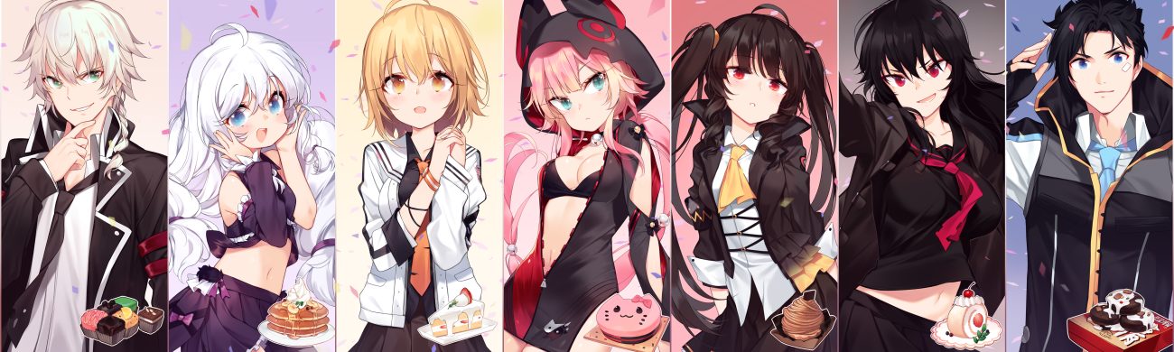 aqua eyes bell bikini top black hair blonde hair blue eyes braids breasts cake candy cherry chii aruel chocolate cleavage collar dress erwin arclight food fruit green eyes haru estia hood iris yuma jin seipatsu lily bloomerchen loli long hair male navel orange eyes pink hair ponytail red eyes sankyaku tako school uniform short hair skirt soul worker stella unibell strawberry suit tie white hair wristwear