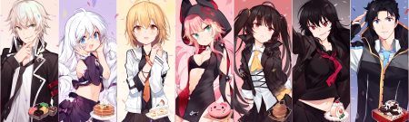 aqua eyes bell bikini top black hair blonde hair blue eyes braids breasts cake candy cherry chii aruel chocolate cleavage collar dress erwin arclight food fruit green eyes haru estia hood iris yuma jin seipatsu lily bloomerchen loli long hair male navel orange eyes pink hair ponytail red eyes sankyaku tako school uniform short hair skirt soul worker stella unibell strawberry suit tie white hair wristwear