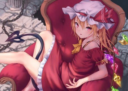 aliasing barefoot blonde hair chain dress flandre scarlet hat long hair pink eyes roke (taikodon) tail touhou vampire wings