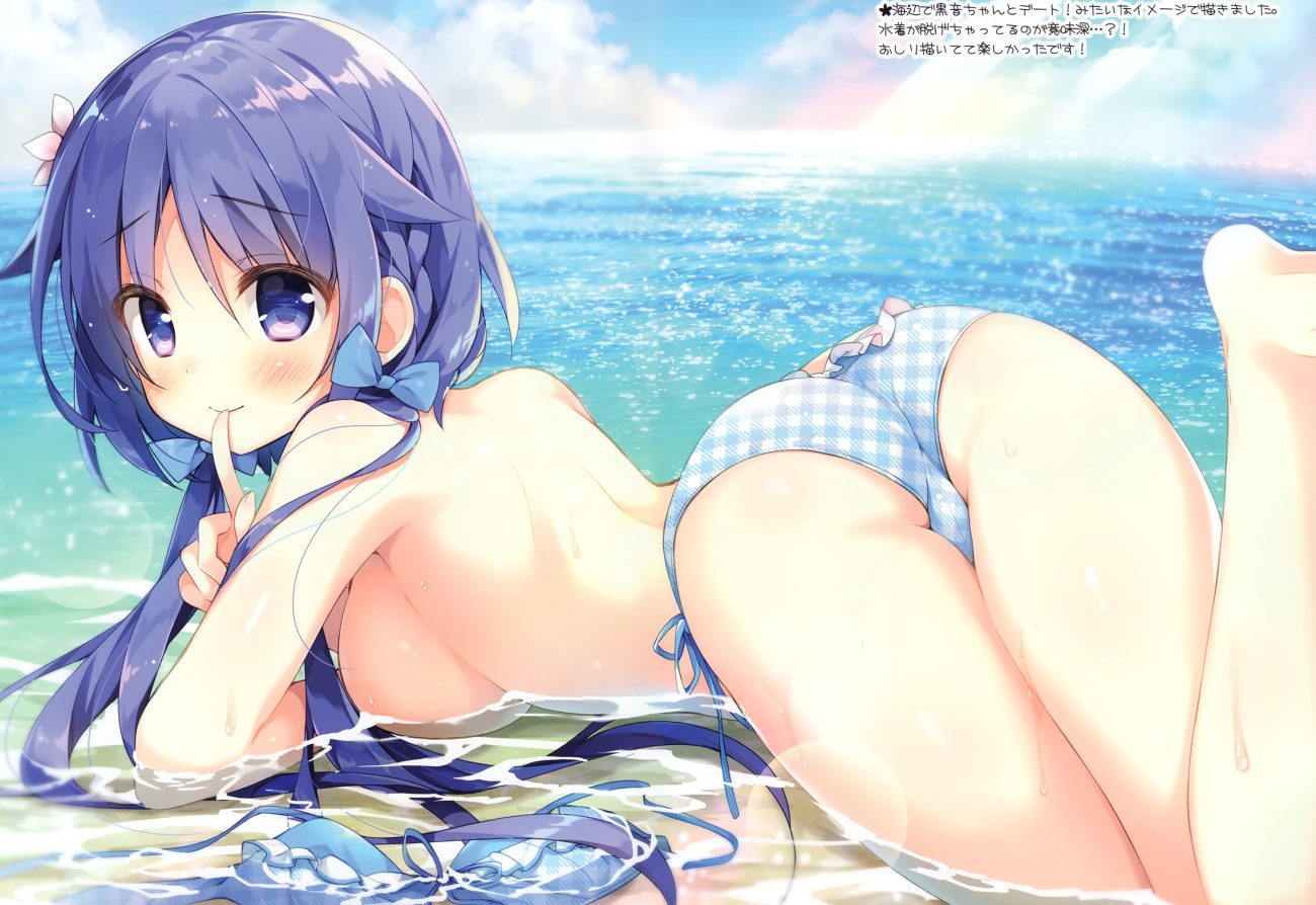 ass barefoot bikini blush bow breasts cameltoe long hair original purple eyes purple hair scan suimya swimsuit topless twintails water