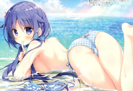 ass barefoot bikini blush bow breasts cameltoe long hair original purple eyes purple hair scan suimya swimsuit topless twintails water