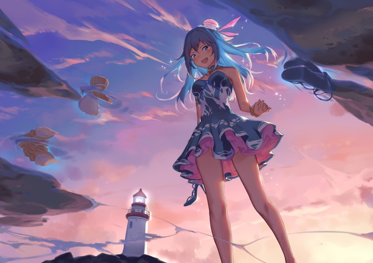 blue eyes blue hair clouds dress haiyi lighthouse long hair sky sparrow (xici9527) sunset synthesizer v