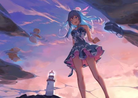 blue eyes blue hair clouds dress haiyi lighthouse long hair sky sparrow (xici9527) sunset synthesizer v