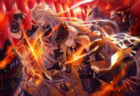 all male animal anthropomorphism fire fox katana kogitsunemaru long hair magic male mask nakigitsune red eyes short hair sword torii touken ranbu weapon white hair yellow eyes yuuno (yukioka)