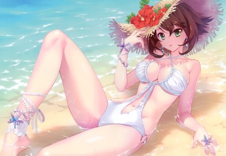 anthropomorphism bikini brown hair carnelian flowers green eyes hat kantai collection mutsu (kancolle) navel scan short hair swimsuit wet wristwear