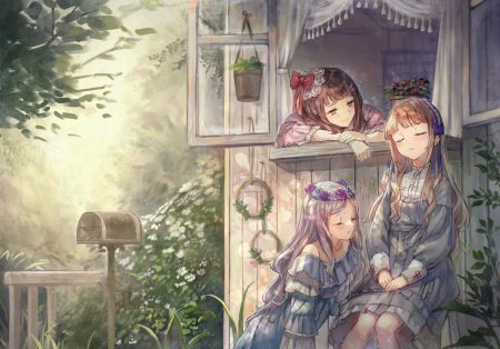 blonde hair blush bow brown eyes brown hair flowers gray hair headdress kobuta lolita fashion long hair original short hair sleeping
