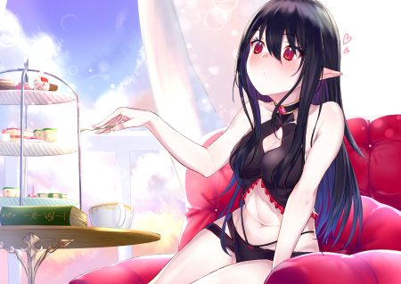 aliasing black hair book breasts cake cleavage food fruit long hair navel original pointed ears red eyes strawberry takubon