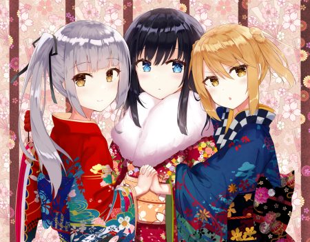 anthropomorphism aqua eyes asashio (kancolle) black hair blonde hair blush brown eyes gray hair japanese clothes kantai collection kasumi (kancolle) kimono michishio (kancolle) ponytail short hair yellow eyes zhiyou ruozhe