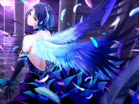 blue hair dress elbow gloves feathers giba (out-low) gloves hayami kanade idolmaster idolmaster cinderella girls short hair wings yellow eyes