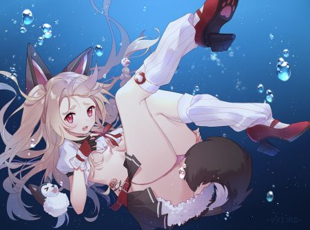 animal ears anthropomorphism azur lane braids breasts doggirl garter belt gloves long hair no bra panties panty pull red eyes skirt tail tattoo torn clothes underboob underwater underwear vveird water watermark white hair yuudachi (azur lane)