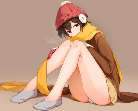brown brown hair earmuffs hat maeshimashi original panties scarf short hair skirt socks underwear yellow eyes