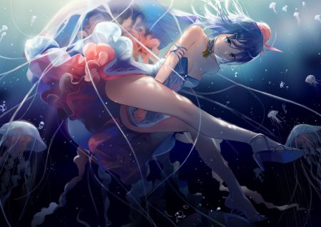blue eyes blue hair bubbles dress haiyi hat leiq synthesizer v underwater water