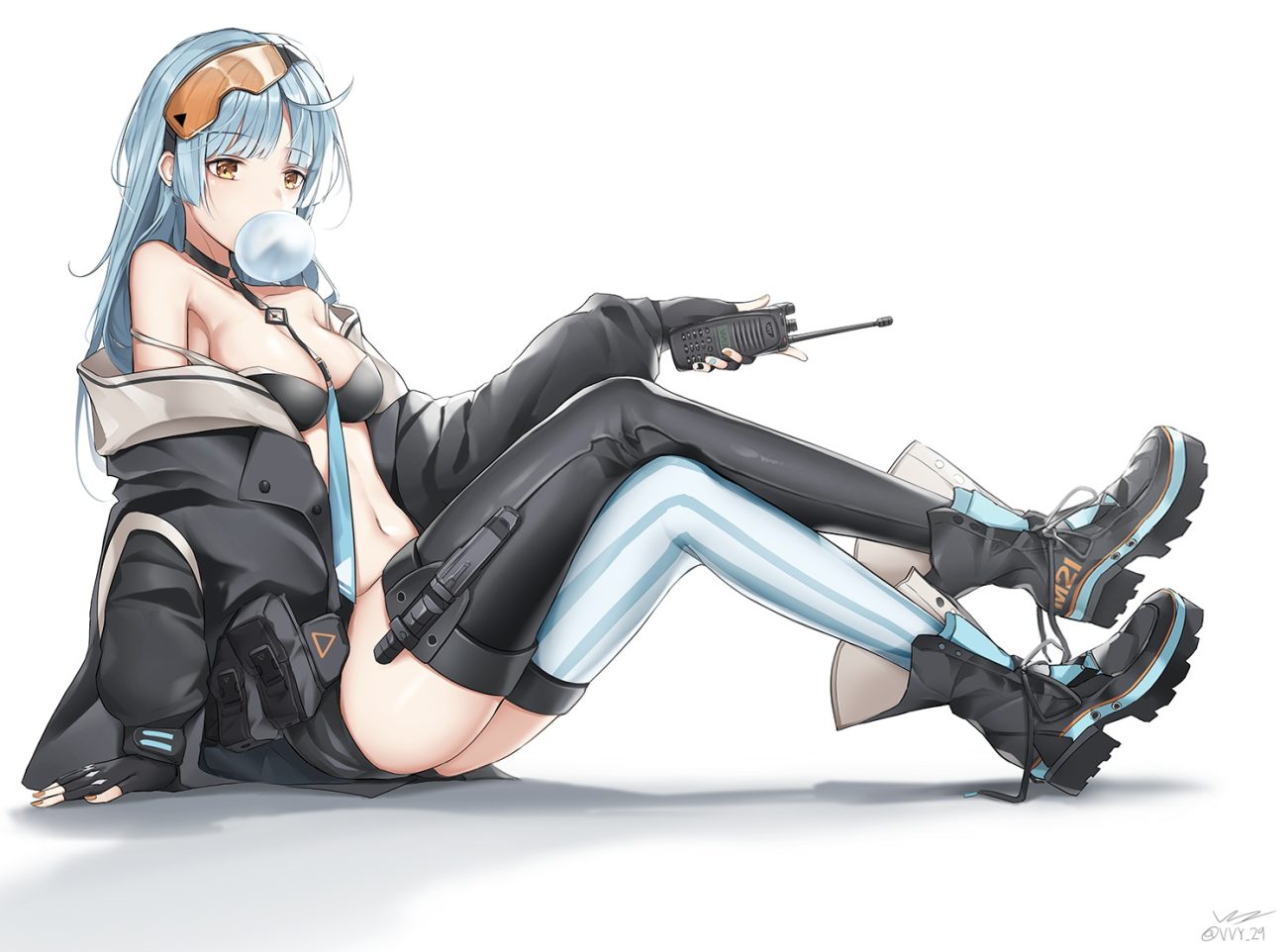 anthropomorphism blue hair girls frontline gloves long hair navel thighhighs tie vvy white yellow eyes zas m21 (girls frontline)