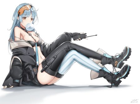 anthropomorphism blue hair girls frontline gloves long hair navel thighhighs tie vvy white yellow eyes zas m21 (girls frontline)