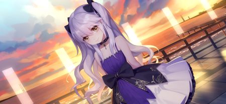 bow brown eyes choker clouds daye bie qia lian flat chest goth-loli loli lolita fashion long hair ribbons romantic saga of beauty & devil sima yi (romantic saga of beauty & devil) sky sunset twintails water white hair