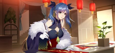 blue hair breasts chinese clothes chinese dress cleavage daye bie qia lian dress gloves long hair romantic saga of beauty & devil twintails wristwear yellow eyes