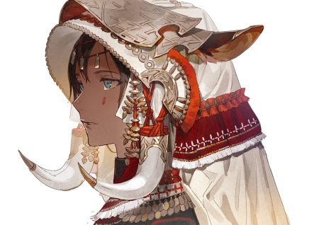 animal ears aqua eyes brown hair dark skin headdress horns kawaguchi (mojacome) original short hair white