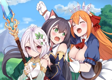 animal ears baicha black hair breasts catgirl cleavage clouds dress fang gloves green eyes karyl natsume kokoro orange hair pecorine pink eyes pointed ears princess connect! short hair sky spear tiara weapon white hair