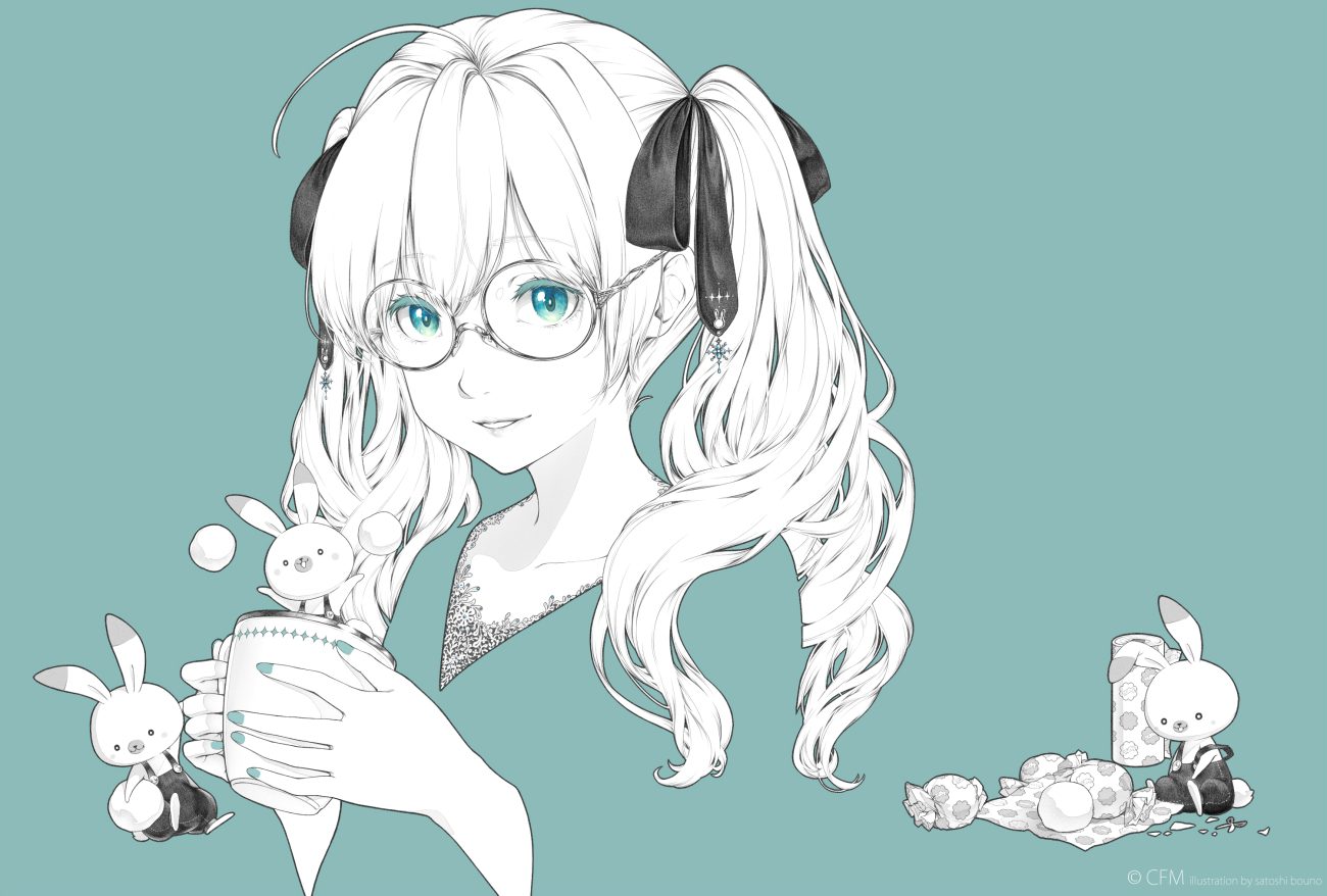 aliasing animal aqua eyes bouno satoshi drink glasses hatsune miku long hair polychromatic rabbit ribbons twintails vocaloid watermark yuki miku yukine (vocaloid)