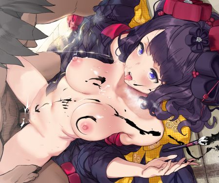 black hair blush breasts fate/grand order fate (series) hewsack japanese clothes katsushika hokusai navel nipples penis pubic hair purple hair pussy sex short hair uncensored
