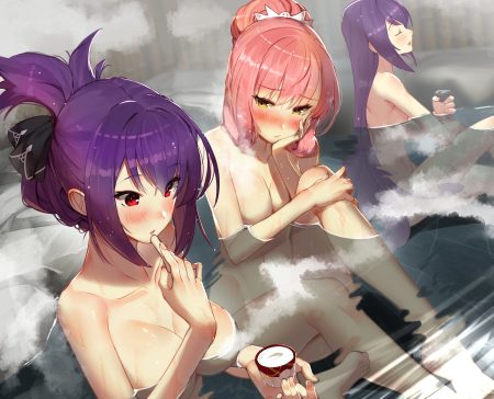 barefoot breasts drink fate/grand order fate (series) food ice cream medb (fate/grand order) nude onsen pink hair purple hair red eyes sake scathach (fate/grand order) scathach skadi (fate/grand order) scottie (phantom2) short hair water yellow eyes