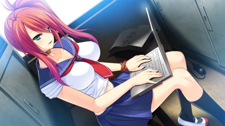 amagai yukino aqua eyes book breasts candysoft choker computer game cg inase kohane kneehighs long hair navel ponytail red hair school uniform tsuyokiss next wristwear