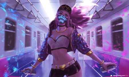 akali breasts choker cleavage hat hood league of legends long hair mask navel necklace ponytail purple hair shorts train watermark wlop wristwear yellow eyes