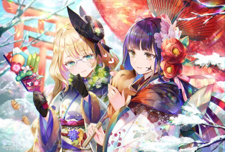 2girls animal aqua eyes black hair blonde hair brown eyes flowers glasses gloves hat headdress japanese clothes jpeg artifacts kimono long hair nemusuke original snow umbrella