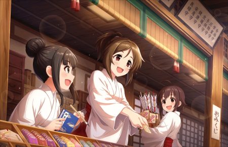 annin doufu black eyes black hair brown eyes brown hair doumyouji karin hamaguchi ayame idolmaster idolmaster cinderella girls idolmaster cinderella girls starlight stage japanese clothes miko ponytail short hair shrine wakiyama tamami