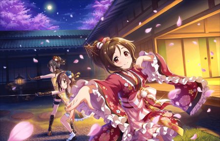annin doufu black hair brown eyes brown hair building cherry blossoms clouds doumyouji karin flowers garter gloves grass hamaguchi ayame idolmaster idolmaster cinderella girls idolmaster cinderella girls starlight stage japanese clothes katana kimono kneehighs knife lolita fashion moon night ninja petals short hair sky socks sword wakiyama tamami weapon
