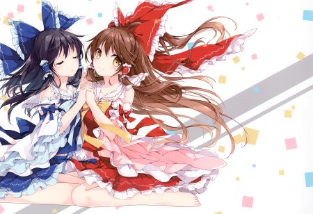 barefoot black hair blush bow brown hair hakurei reimu japanese clothes lolita fashion long hair miko mochizuki shiina ribbons scan touhou yellow eyes