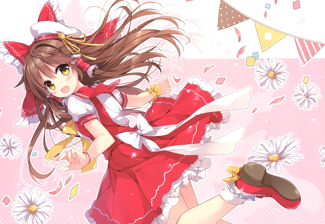 blush bow brown hair dress flowers hakurei reimu hat lolita fashion long hair mochizuki shiina ribbons scan socks touhou yellow eyes