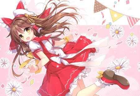 blush bow brown hair dress flowers hakurei reimu hat lolita fashion long hair mochizuki shiina ribbons scan socks touhou yellow eyes