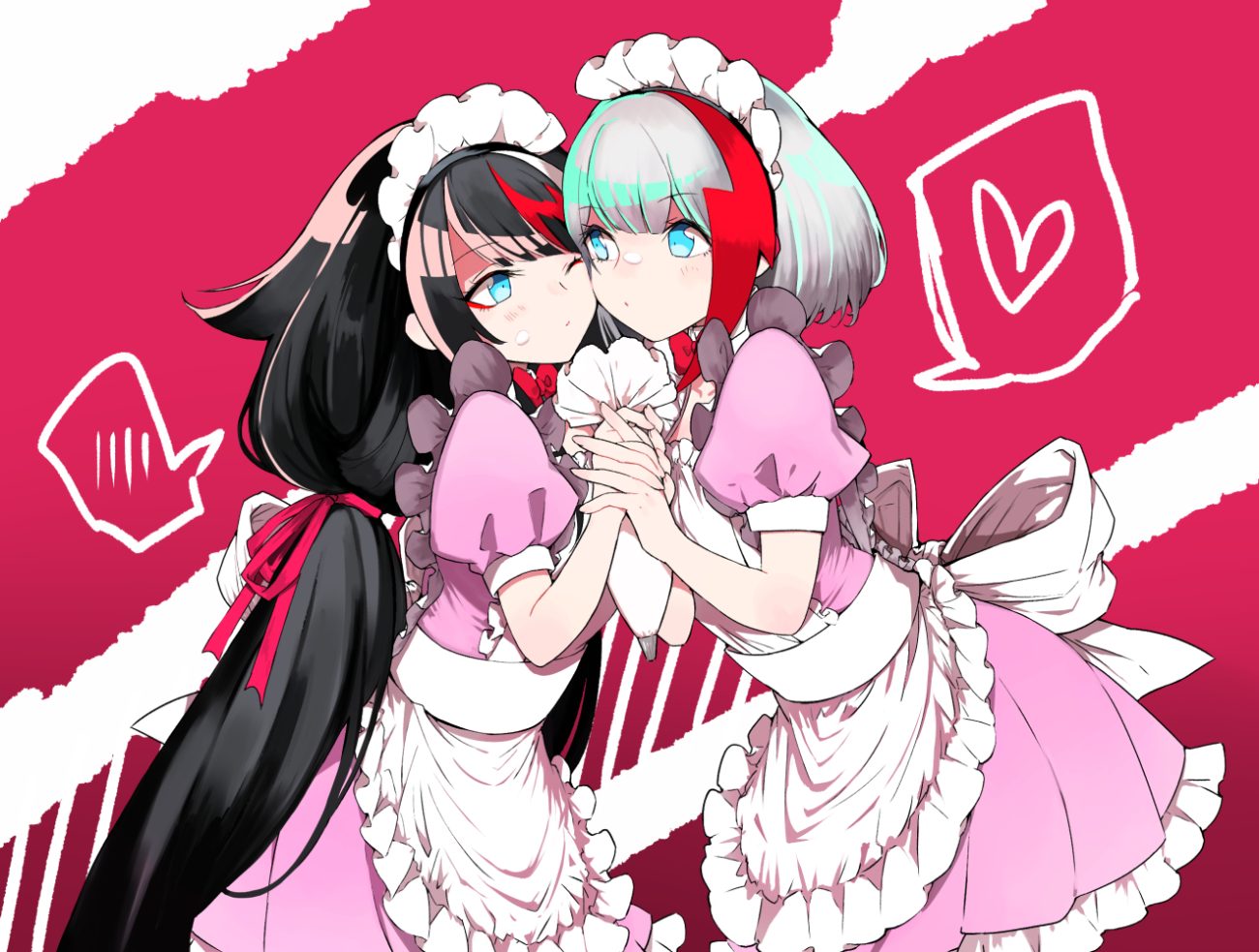 2girls admiral graf spee (azur lane) anthropomorphism apron aqua eyes azur lane black hair bow deutschland (azur lane) gray hair headdress ioa2324 long hair maid short hair shoujo ai wink