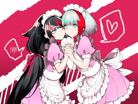 2girls admiral graf spee (azur lane) anthropomorphism apron aqua eyes azur lane black hair bow deutschland (azur lane) gray hair headdress ioa2324 long hair maid short hair shoujo ai wink