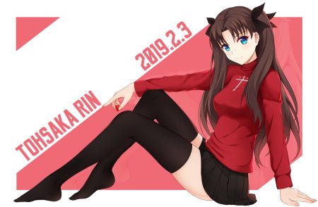 aqua eyes brown hair cross fate (series) fate/stay night long hair rko (a470350510) skirt thighhighs tohsaka rin twintails zettai ryouiki