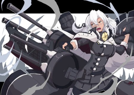 aliasing anthropomorphism boushi-ya brown eyes dark skin glasses gun kantai collection long hair musashi (kancolle) weapon white hair