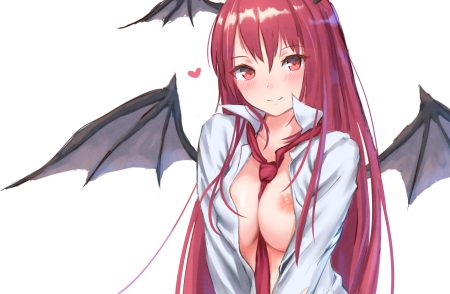 blush breasts demon koakuma long hair nipples nipple slip no bra open shirt red eyes red hair roke (taikodon) shirt succubus tie touhou white wings