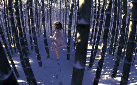animal ears barefoot black hair bunny ears bunnygirl dress forest inaba tewi loli red eyes short hair snow suna (s73d) touhou tree