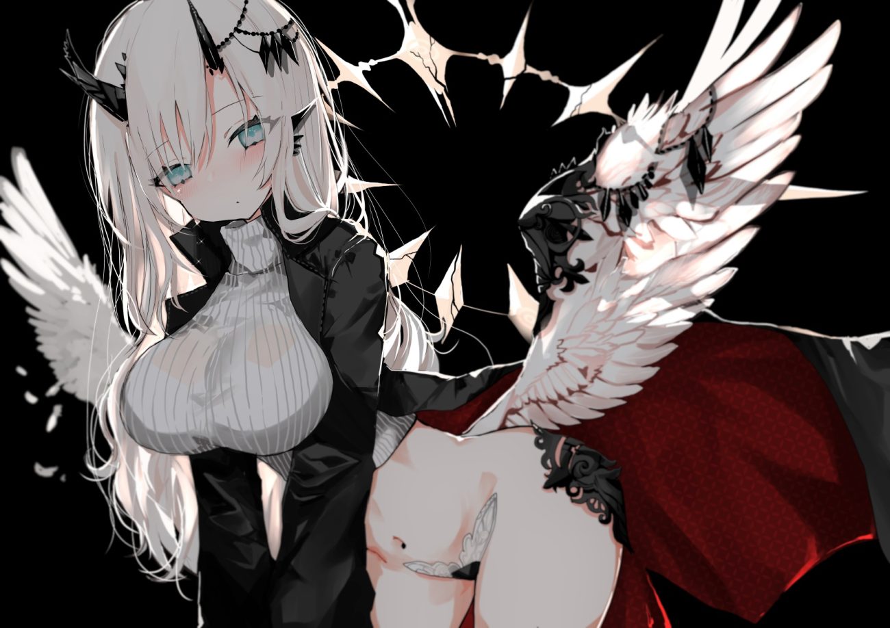 aliasing aqua eyes blush breasts horns long hair naruwe navel original white hair wings
